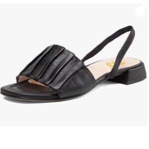 FYS Black Square Open Toe Slingback Sandals Pleated One Band Low Block Heel Shoe